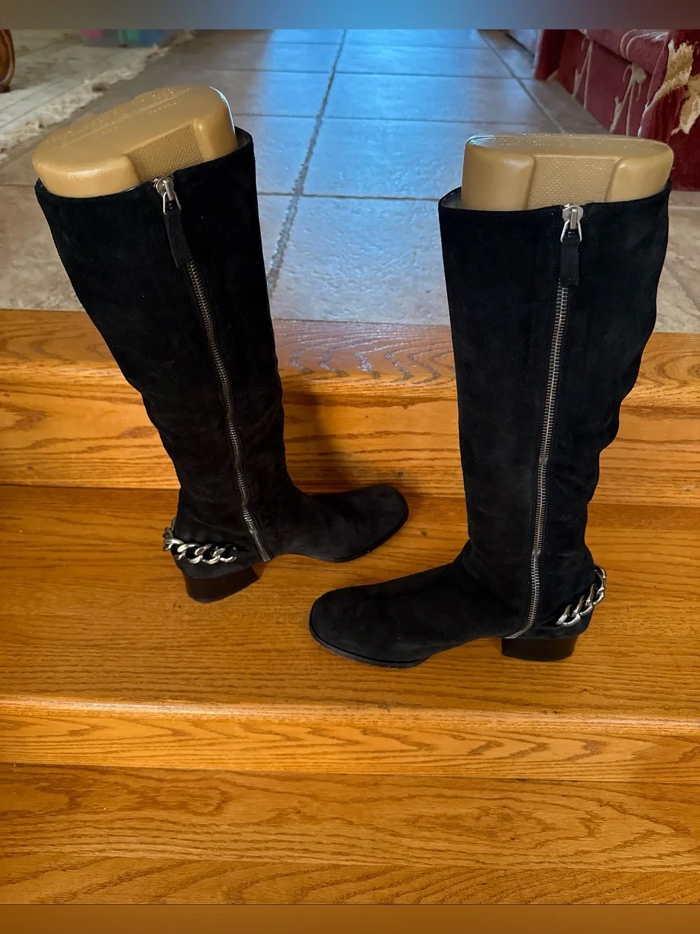 Michael Kors Black Suede Over-the-Knee Boots with Silver Chain